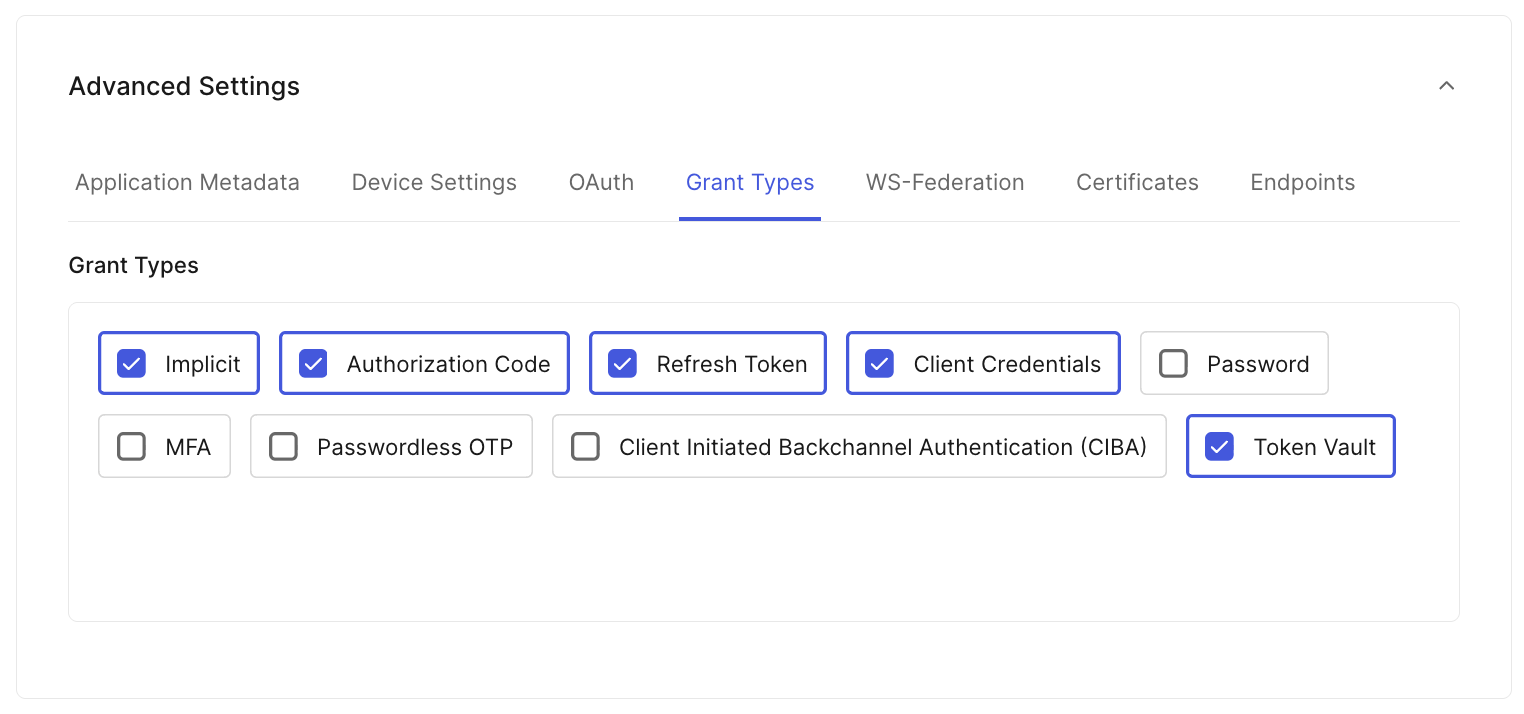 Enabling the "Token Vault" grant type in Auth0 for secure third-party tool calling.