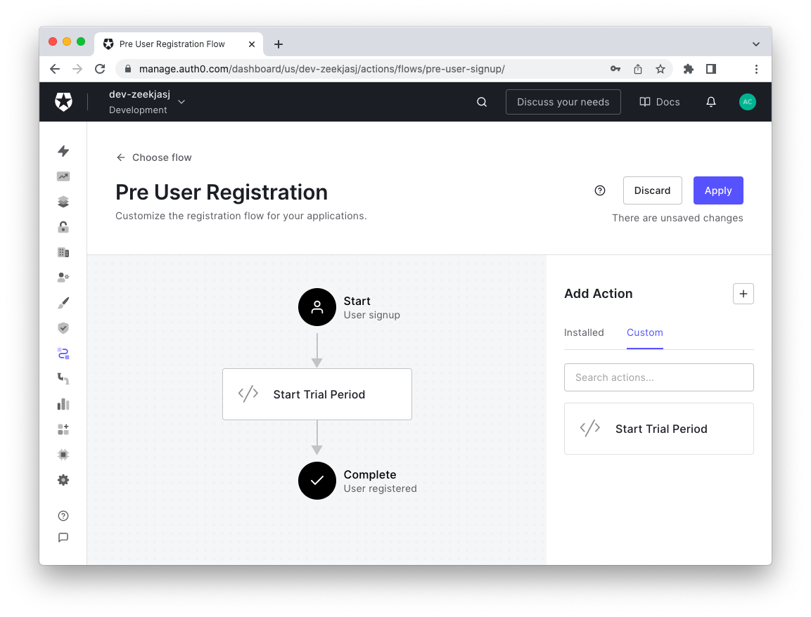 Pre User Registration Flow with custom Action