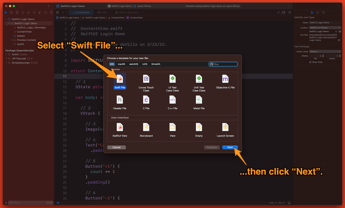Xcode screenshot, showing the selection of the “Swift File” file template..