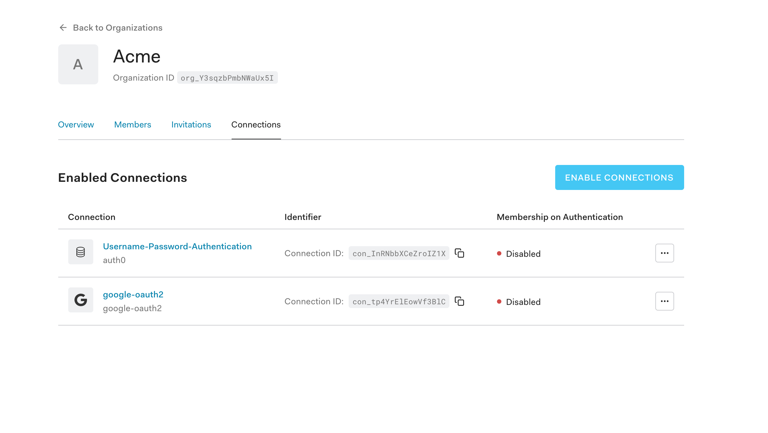 Screenshot of the connections tab within organizations