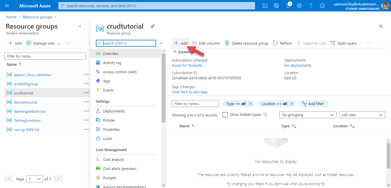 Add Azure resource to resource group