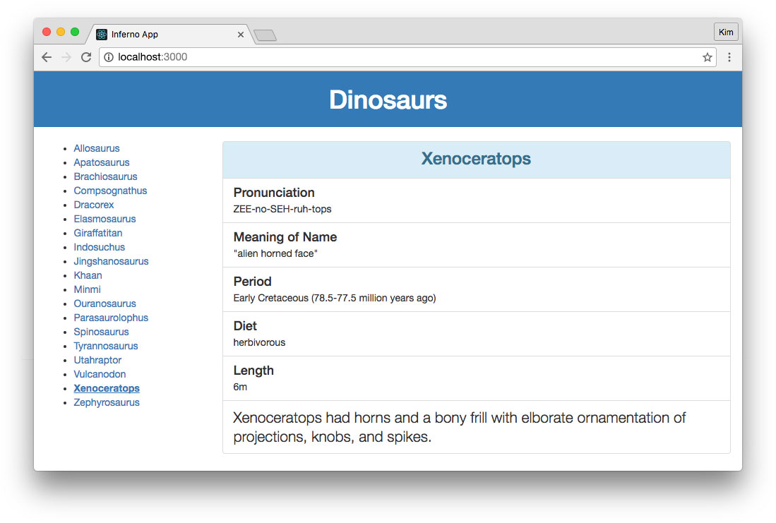 Inferno app displaying list of dinosaurs from API with details
