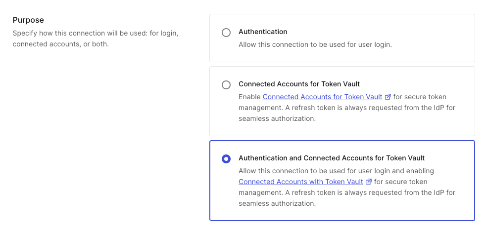 Screenshot of the Auth0 dashboard Google connection settings, highlighting the 'Enable Token Vault' switch in the on position.