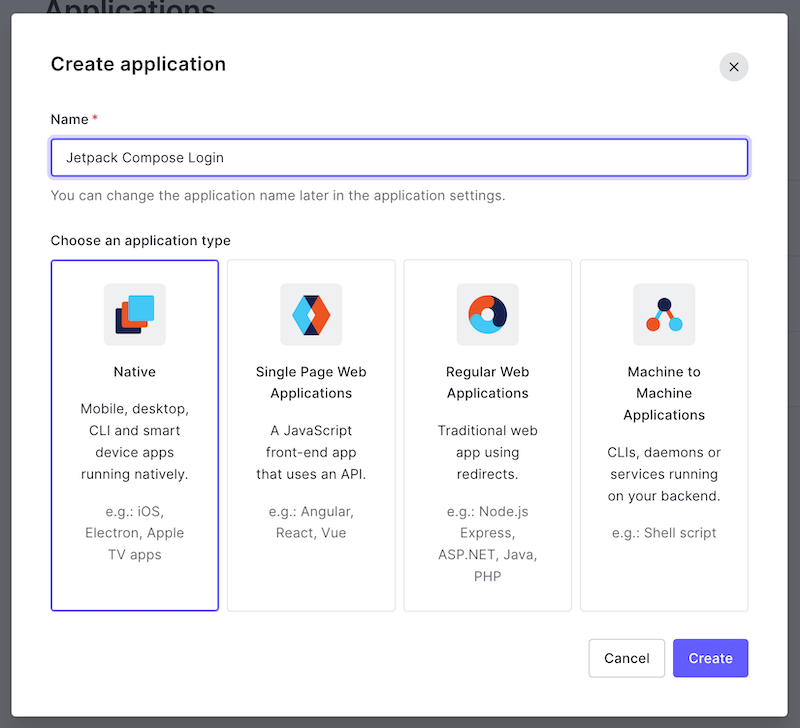 The “Create application” dialog. The application’s name is “Jetpack Compose Login”, and the selected application type is “Native.”