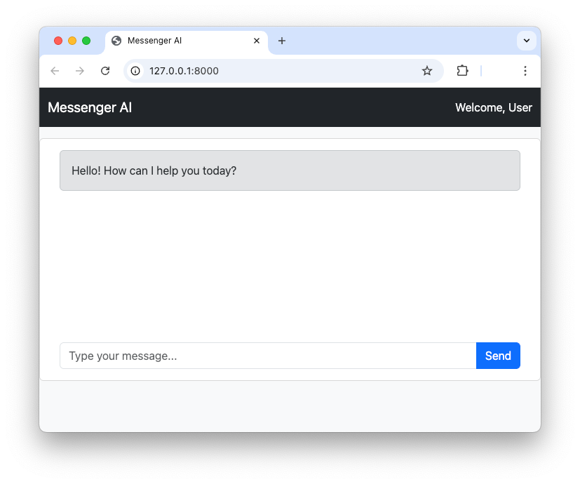 A screenshot of the basic FastAPI chat application UI, showing a chat bubble that says 'Hello\! How can I help you today?