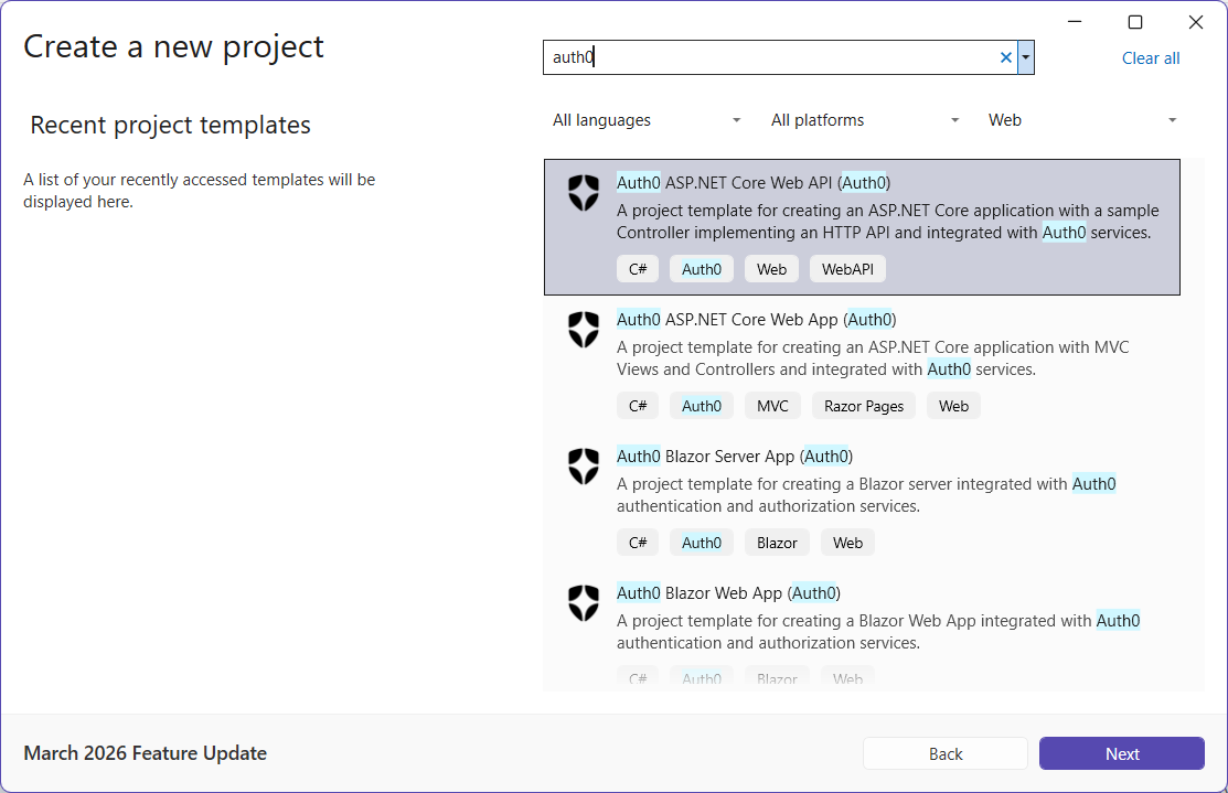 Select the Auth0 ASP.NET Core Web API template from Visual Studio.