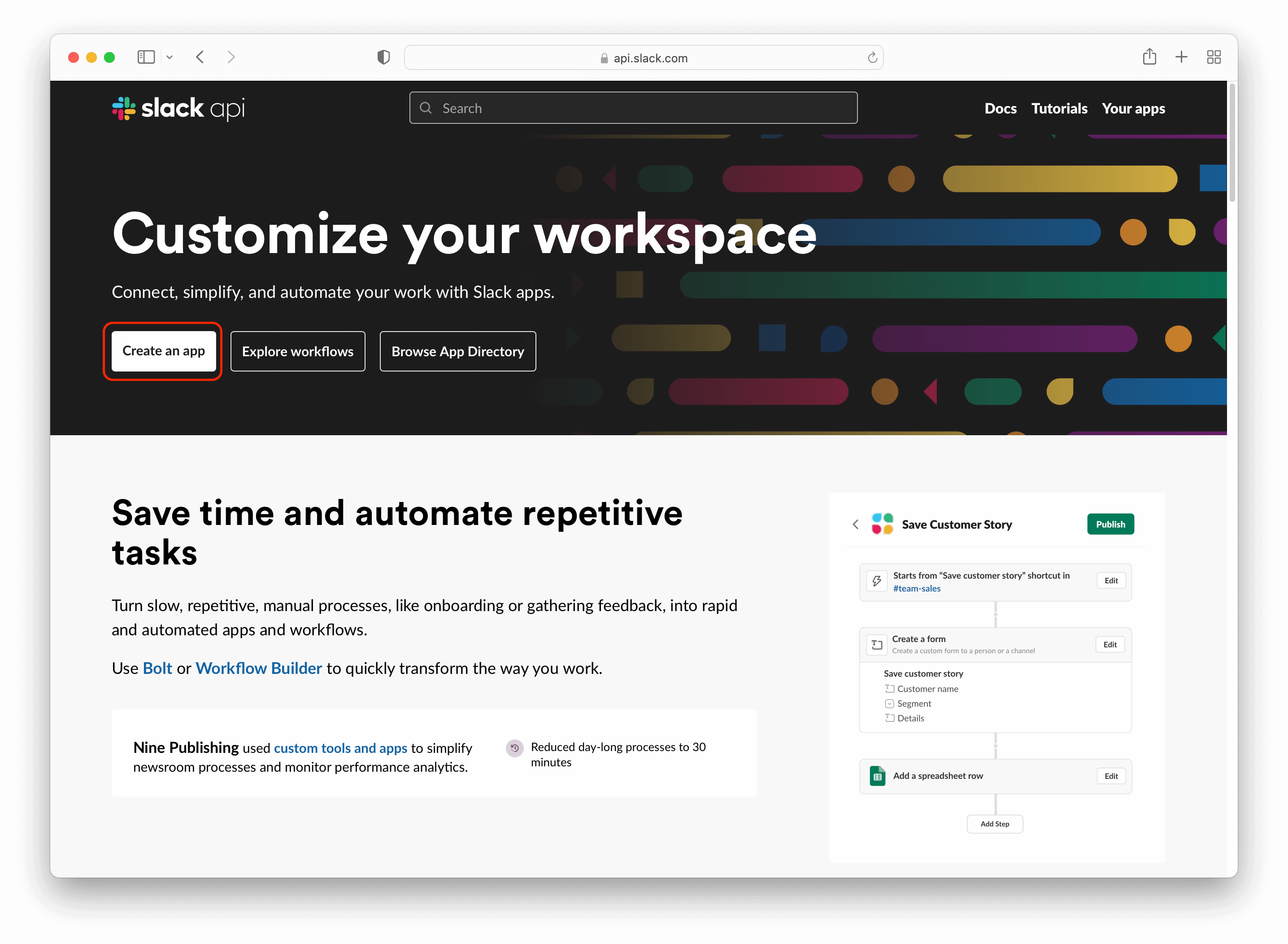 Slack API homepage