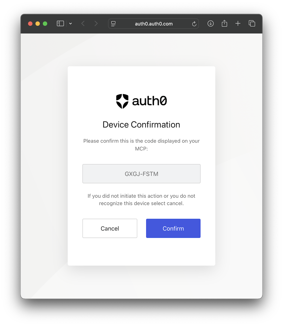 Device flow confirmation code screen