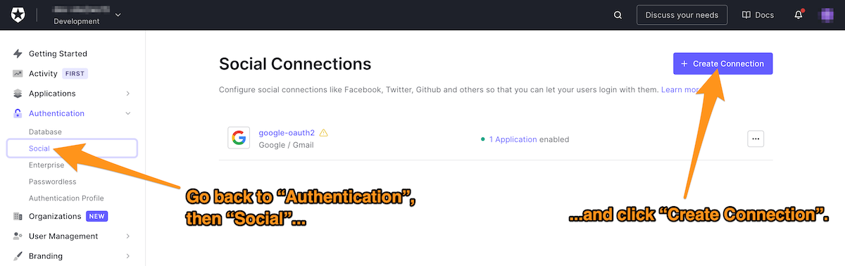 The steps to create a new social connection in Auth0
