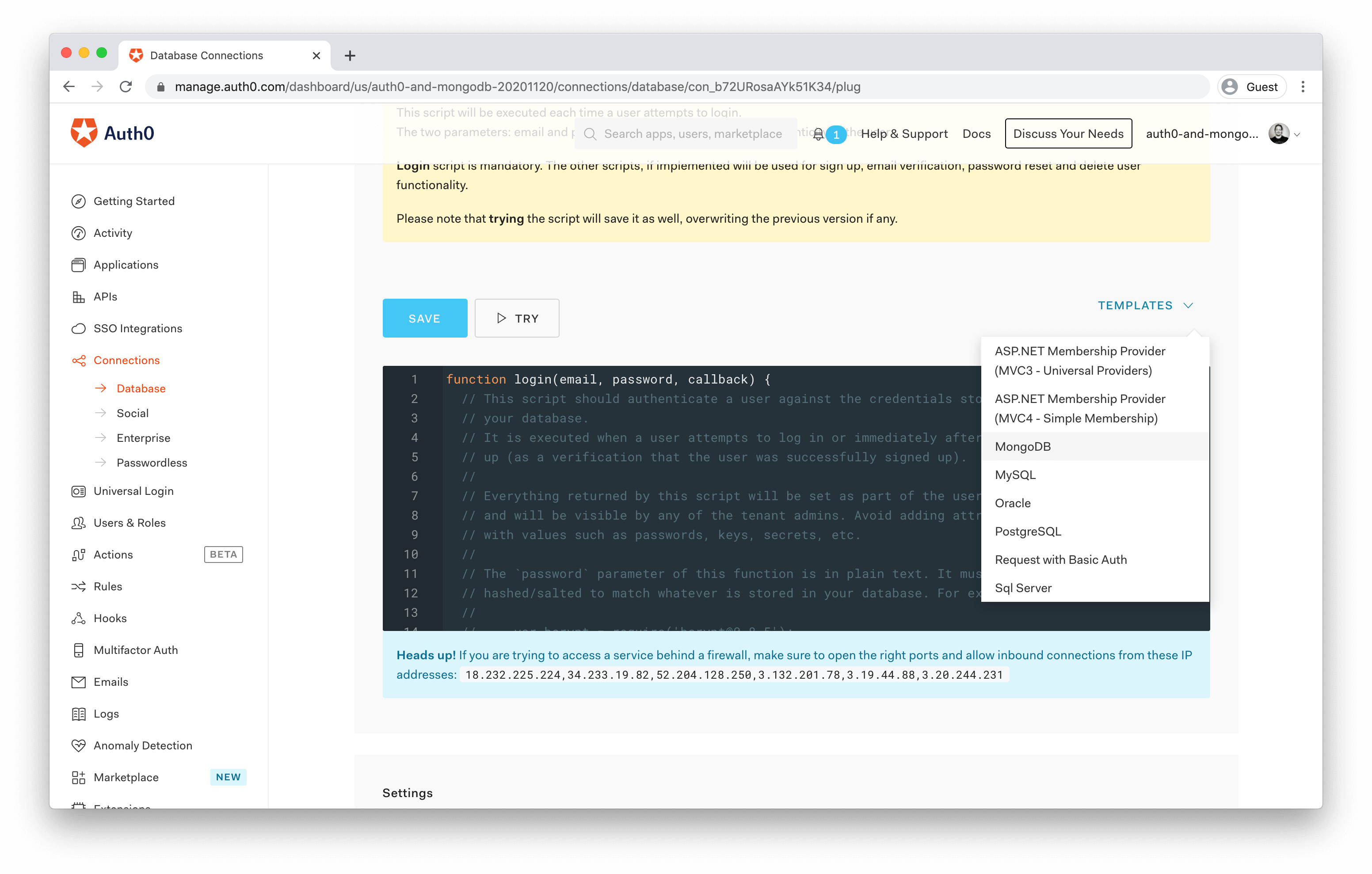 Using a predefined custom database script template