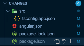 VS Code view of files that were modified. tsconfig.app.json, angular.json, package-lock.json, package.json