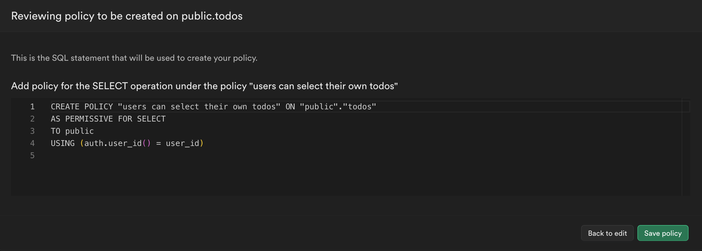 Generated SQL for SELECT policy