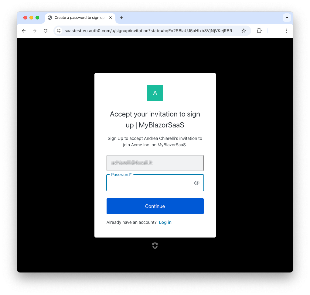 The signup form to join an Auth0 Organization