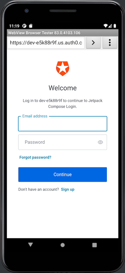 The default Auth0 Universal Login web page, as viewed in an emulator, with Auth0 logo and “email address” and “password” fields.
