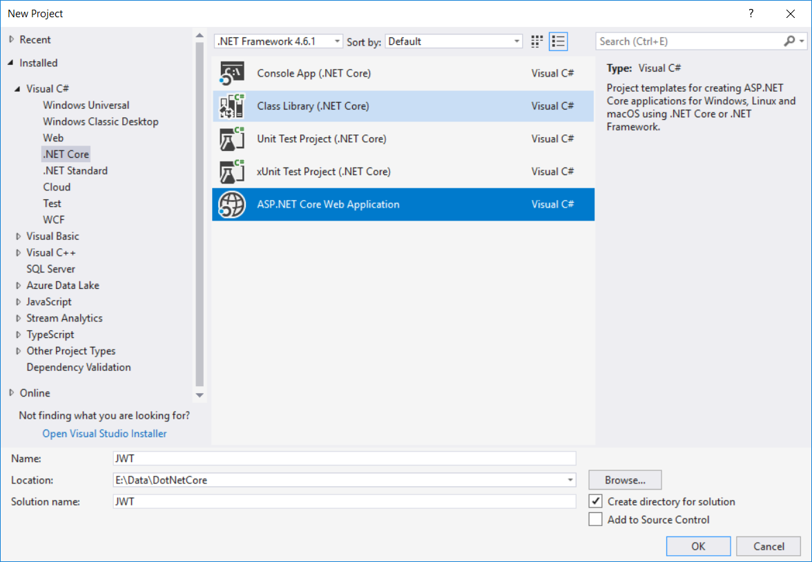 Creating ASP.NET Core 2 project on Visual Studio