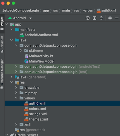 Android Studio’s Project pane, showing the newly-added “auth0.xml” file.