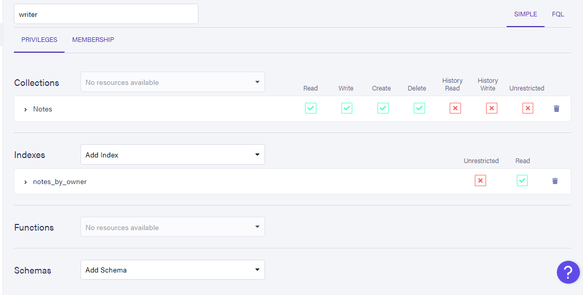 Creating and specifying permission, for "writer" role on FaunaDB