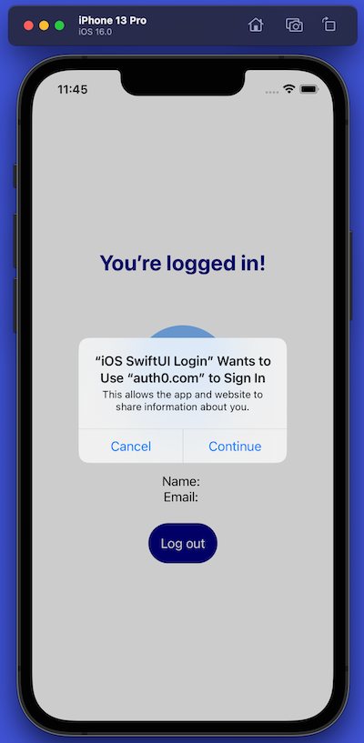 Alert box that says “‘iOS SwiftUI Login’ Wants to Use ‘auth0.com’ to Sign In” during logout process.