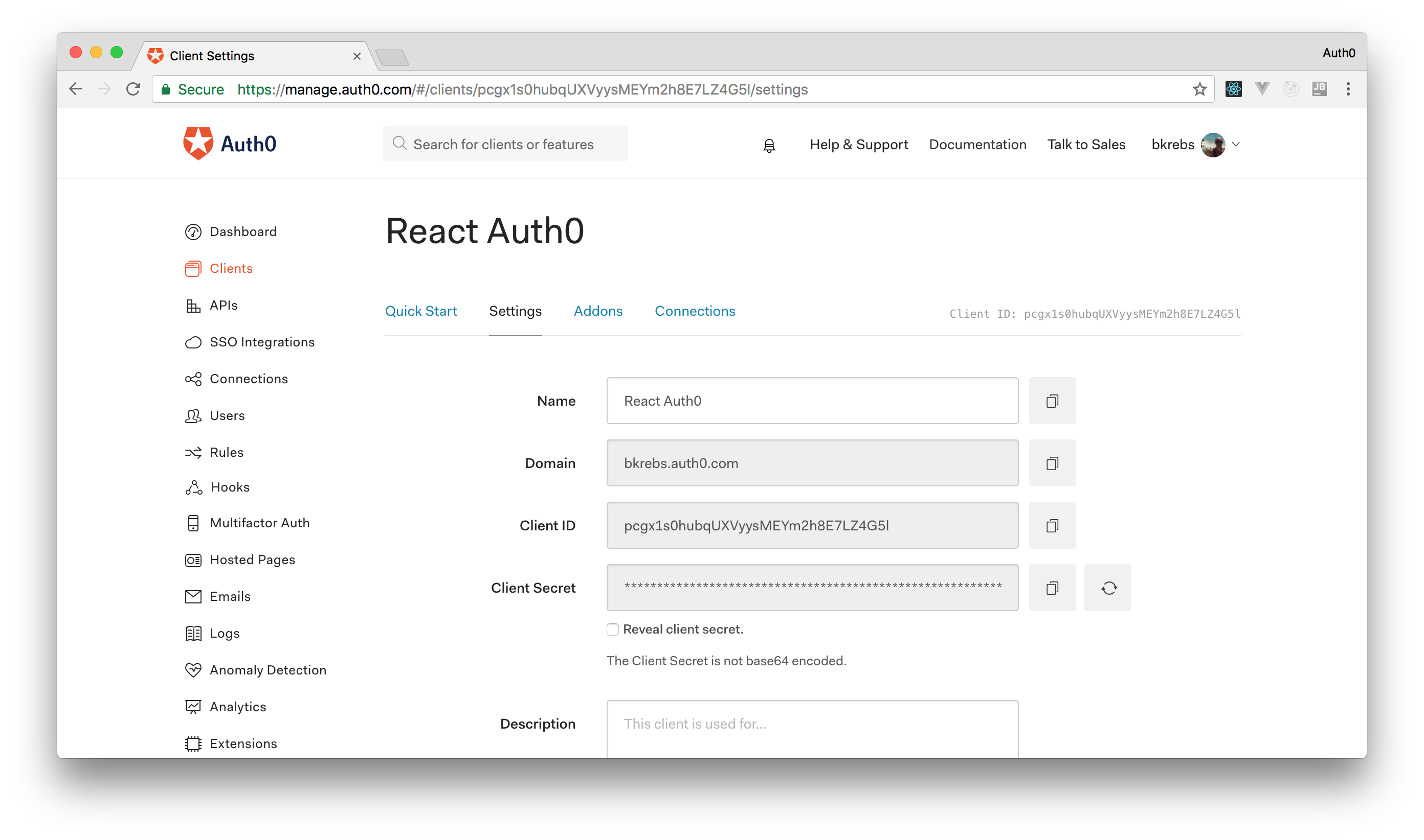 Settings tab of a React application on Auth0