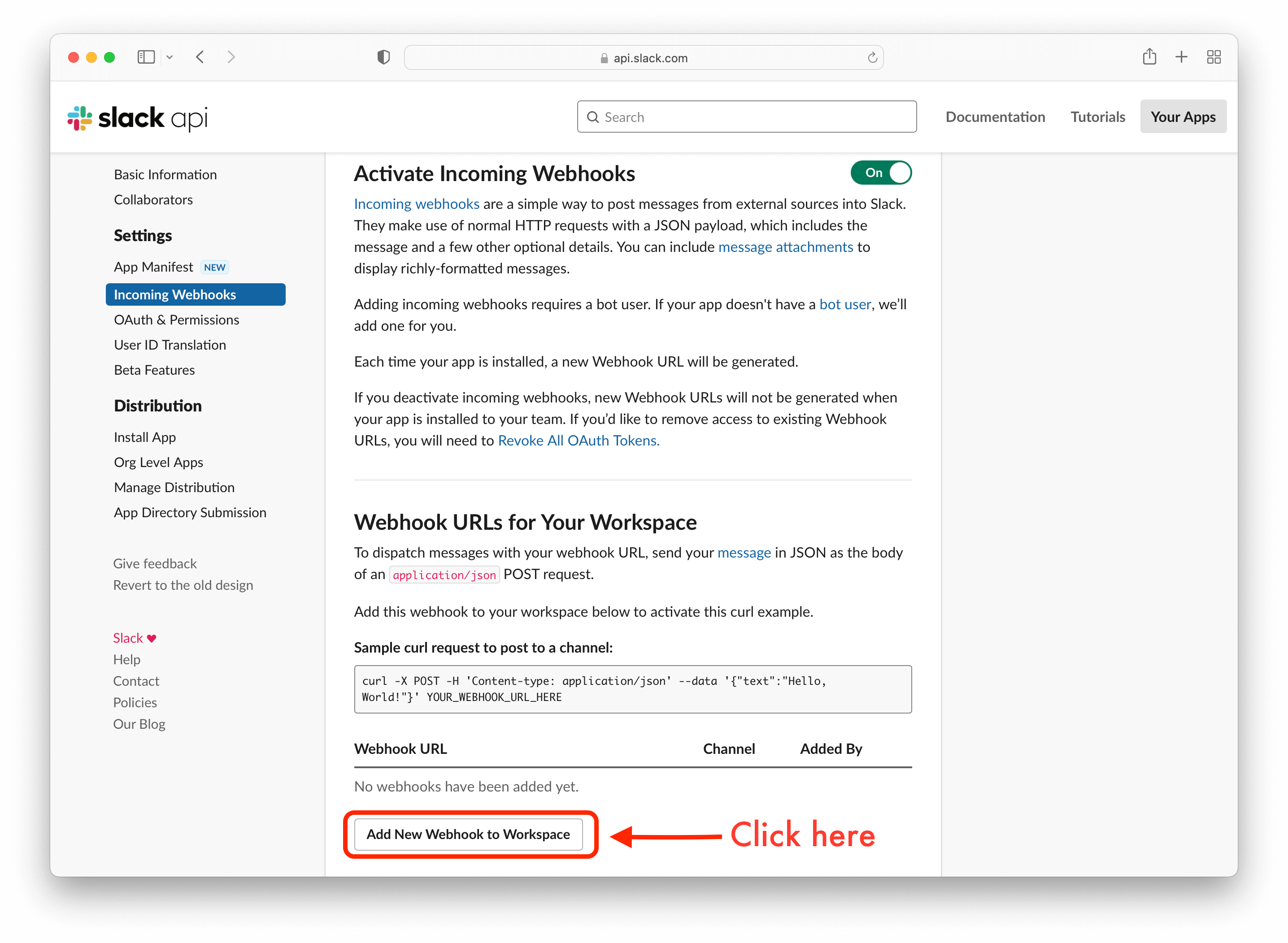 Slack Add New Webhook to Workspace section