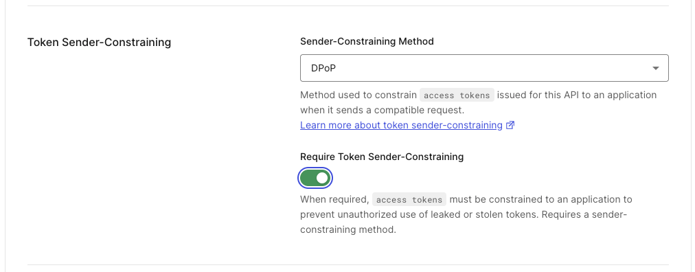 Auth0 API settings dashboard showing DPoP selected as the sender-constraining method and required for token validation.