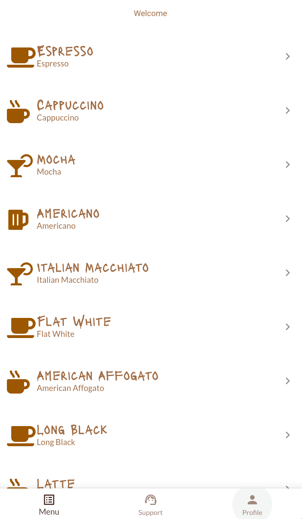 The MJ Coffee App’s “Menu” screen