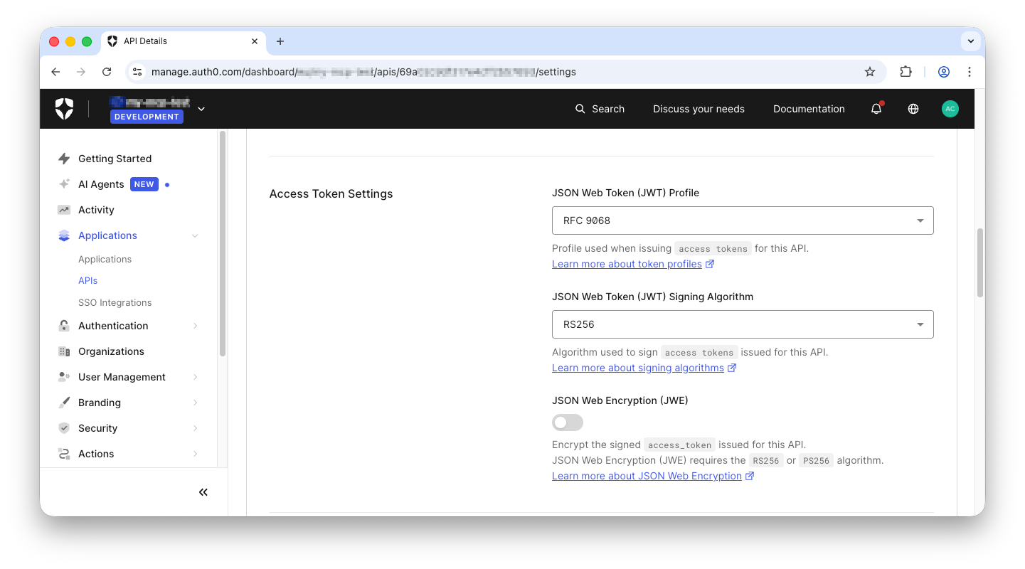 Enabling the RFC 9068 access token profile in the Auth0 dashboard