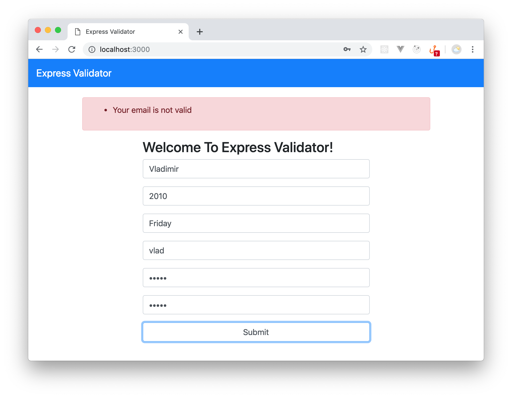 Validating email addresses with Express Validator