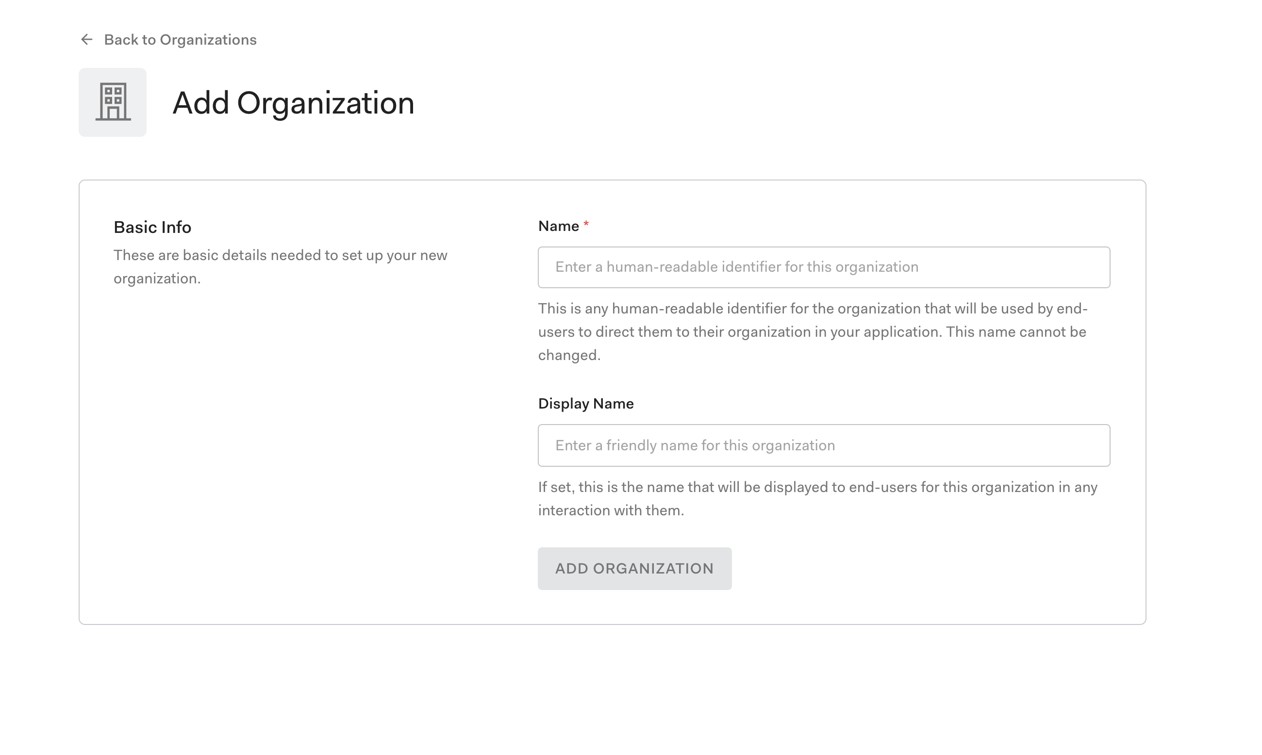 Screenshot of how to add an organization