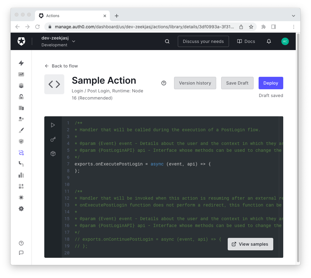 Auth0 Action editor