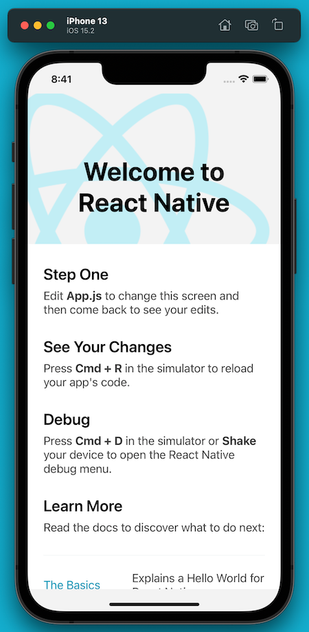 The “Welcome to React Native” screen, as seen on an iOS simulator.