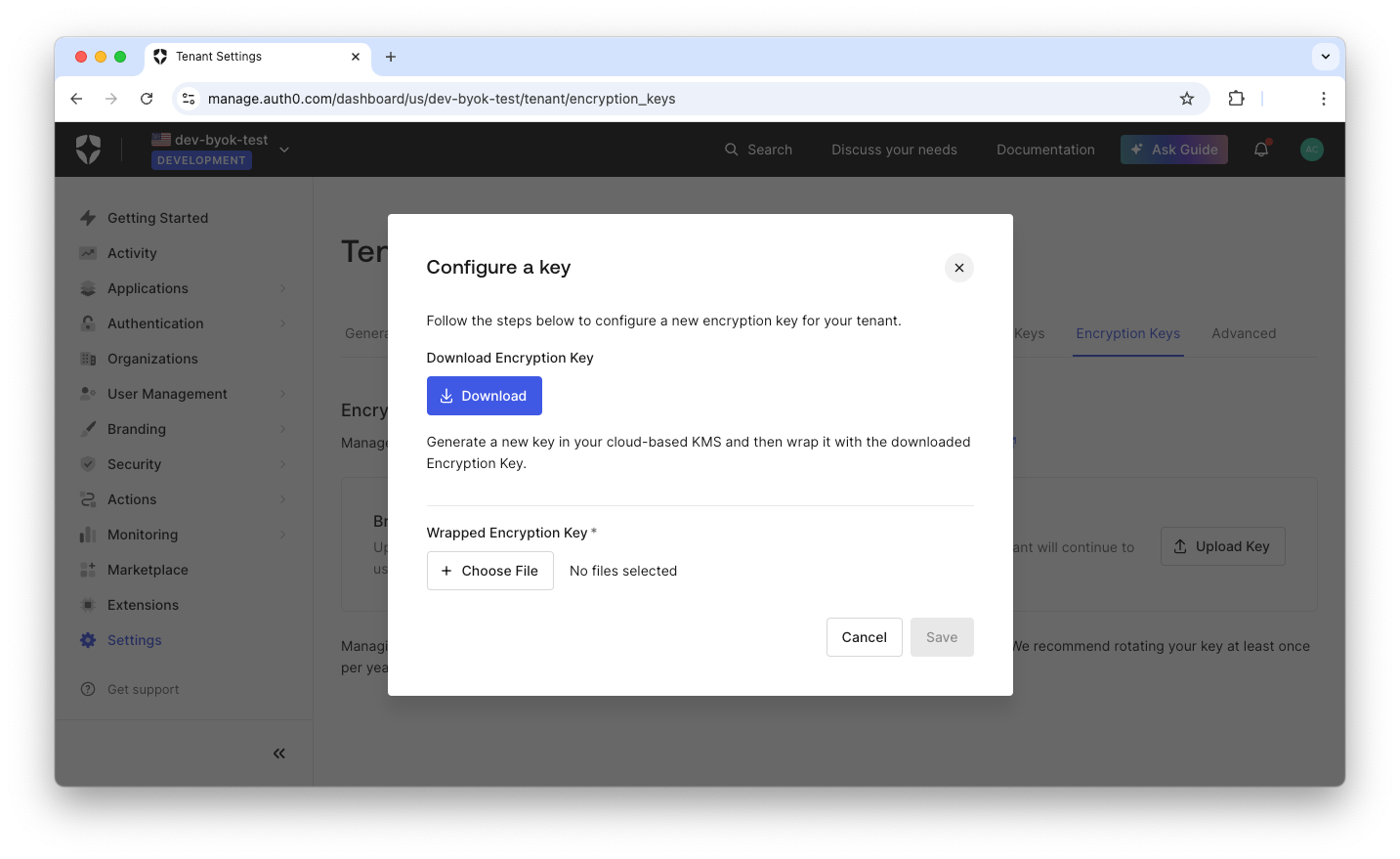 Download Auth0 wrapping encryption key