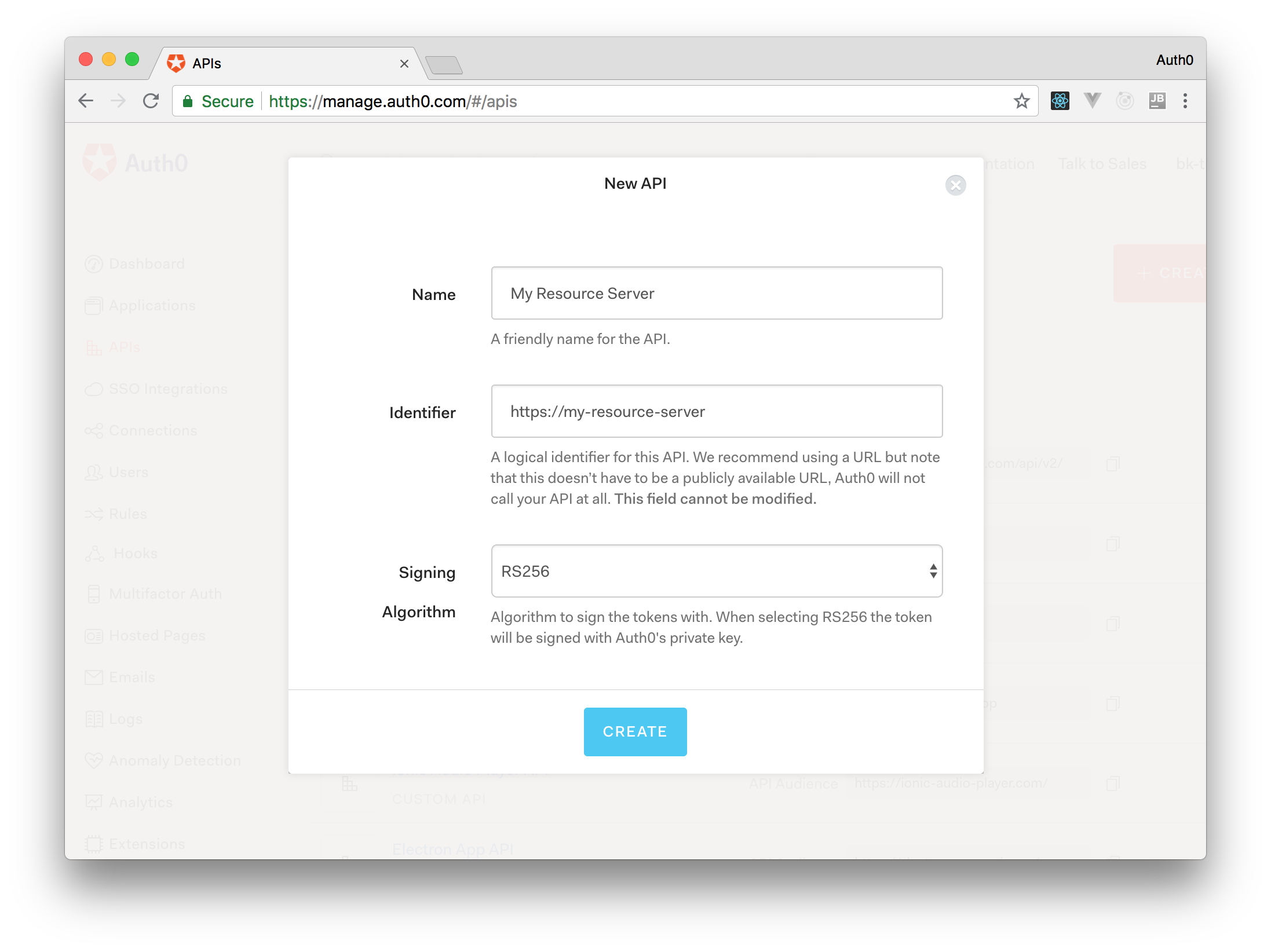 Creating an Auth0 API for your Resource Server.