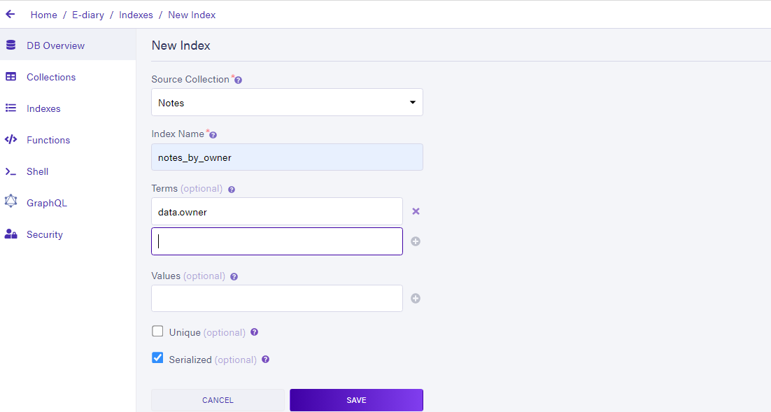 Creating an index on FaunaDB dashboard