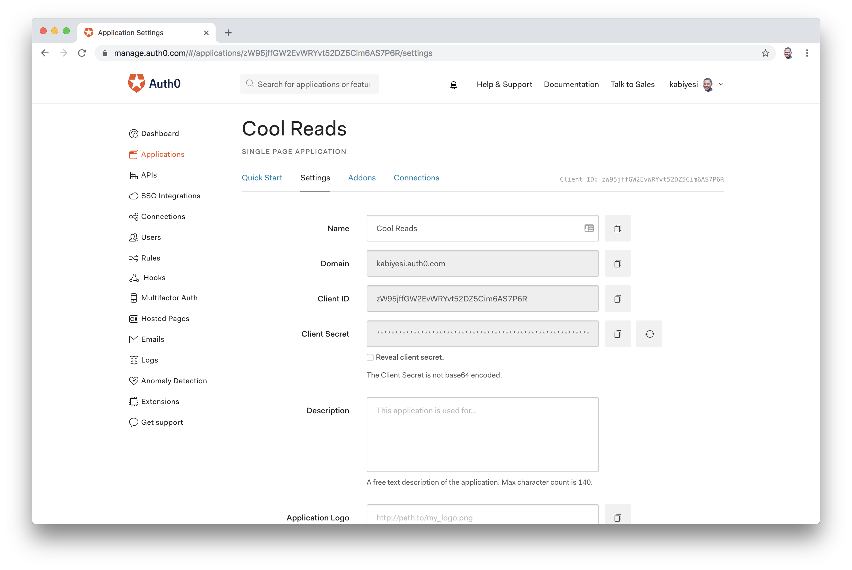 Auth0 Dashboard App Settings