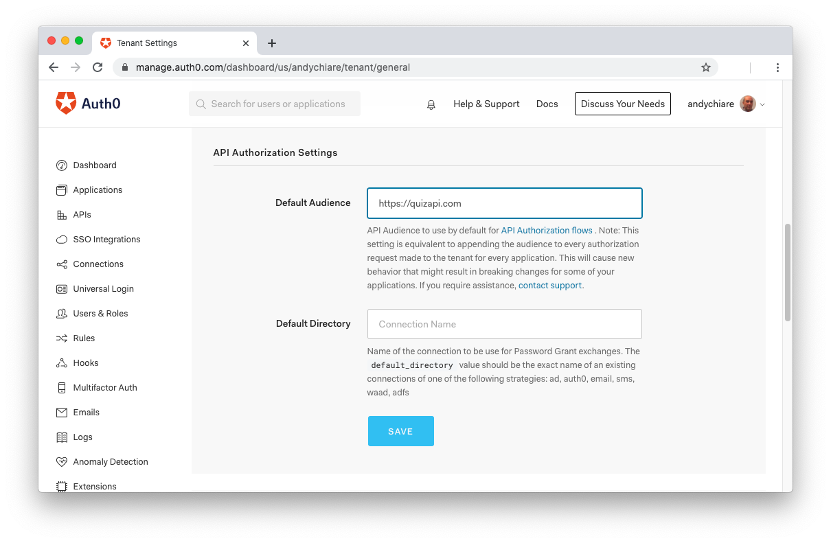 Configuring the default audience in Auth0