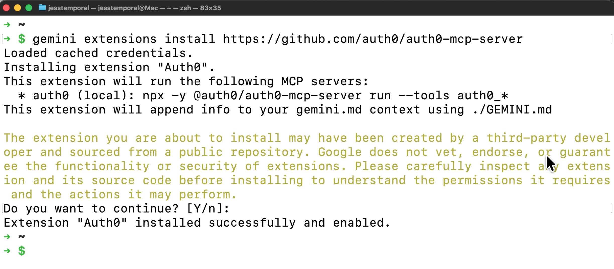 Terminal showing the installation of the Auth0 MCP server as a Gemini CLI extension