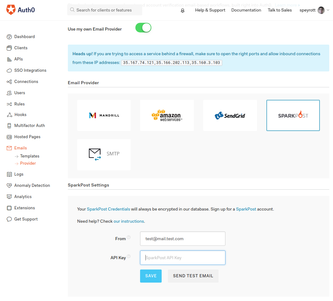 Auth0 SparkPost API key input