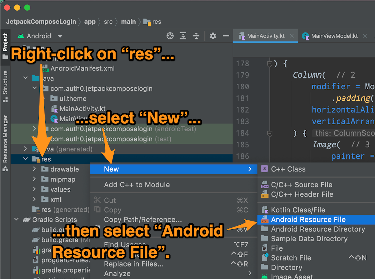 Android Studio window, with arrows showing the user how to add a resource file to the project.
