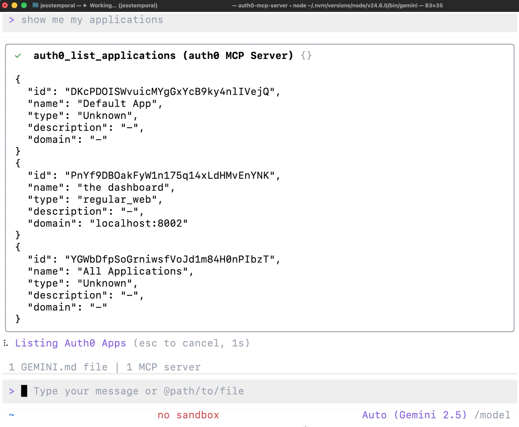 Gemini CLI tool call output showing structured JSON data of Auth0 applications from the MCP server
