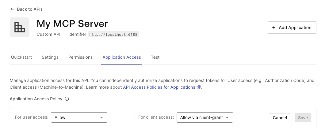 Enabling application access policy on the Auth0 dashboard