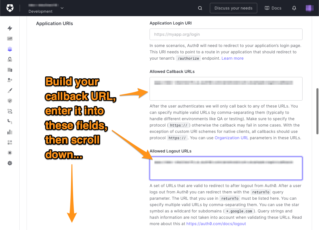 The “Application URIs” section of the page. The reader is directed to enter the callback URL into “Allowed Callback URLs” and “Allowed Logout URLs”.