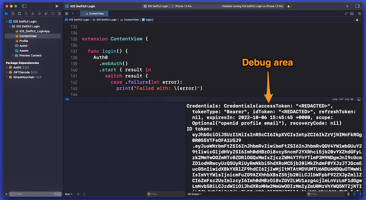 Xcode screenshot highlighting the Debug area.