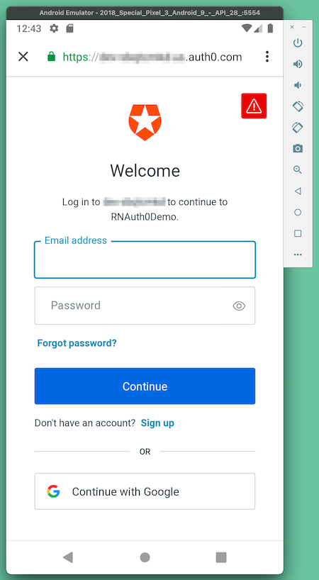The Universal Login screen, with a “Continue with Google” button.