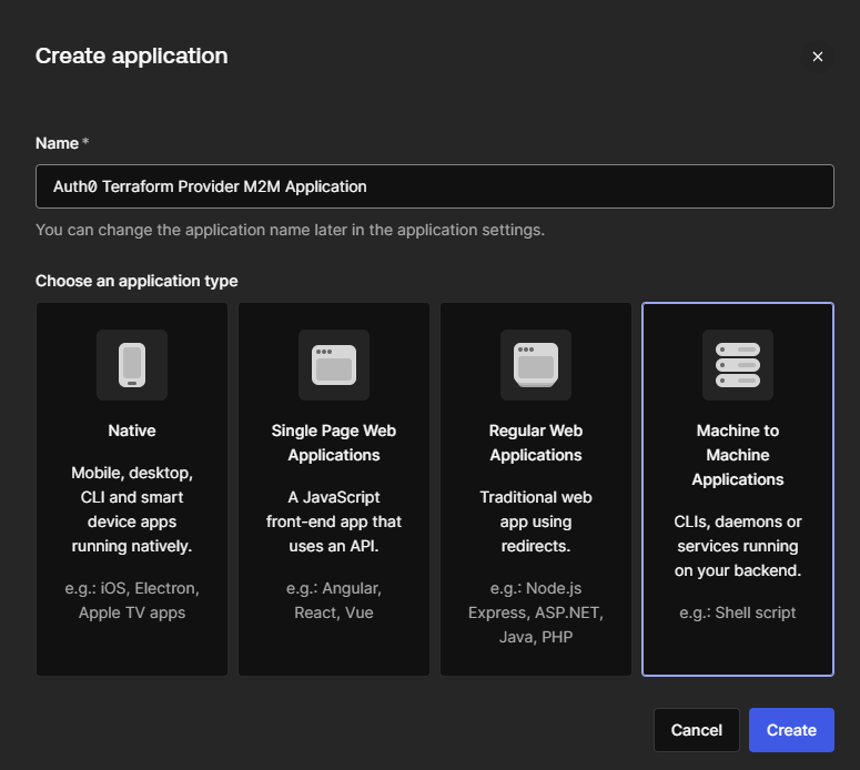 Auth0 Create Application Screen