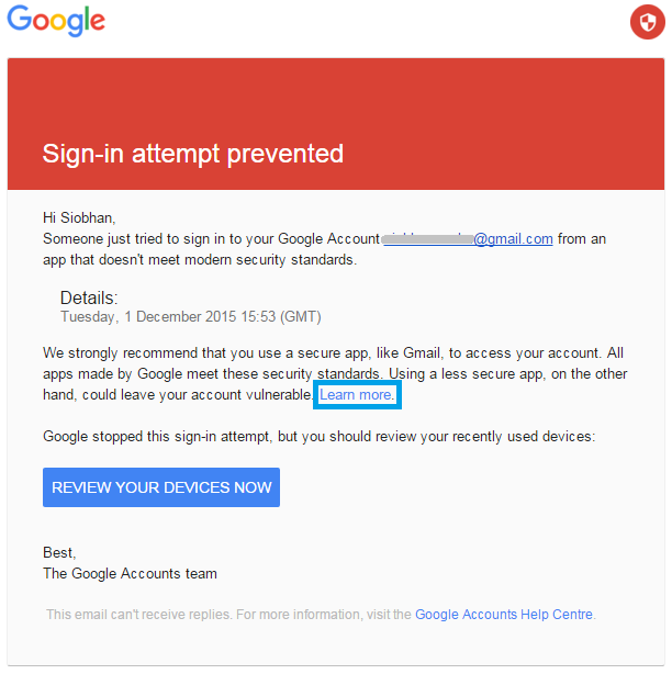 Google showing an alert that a non-regular sign in was blocked.