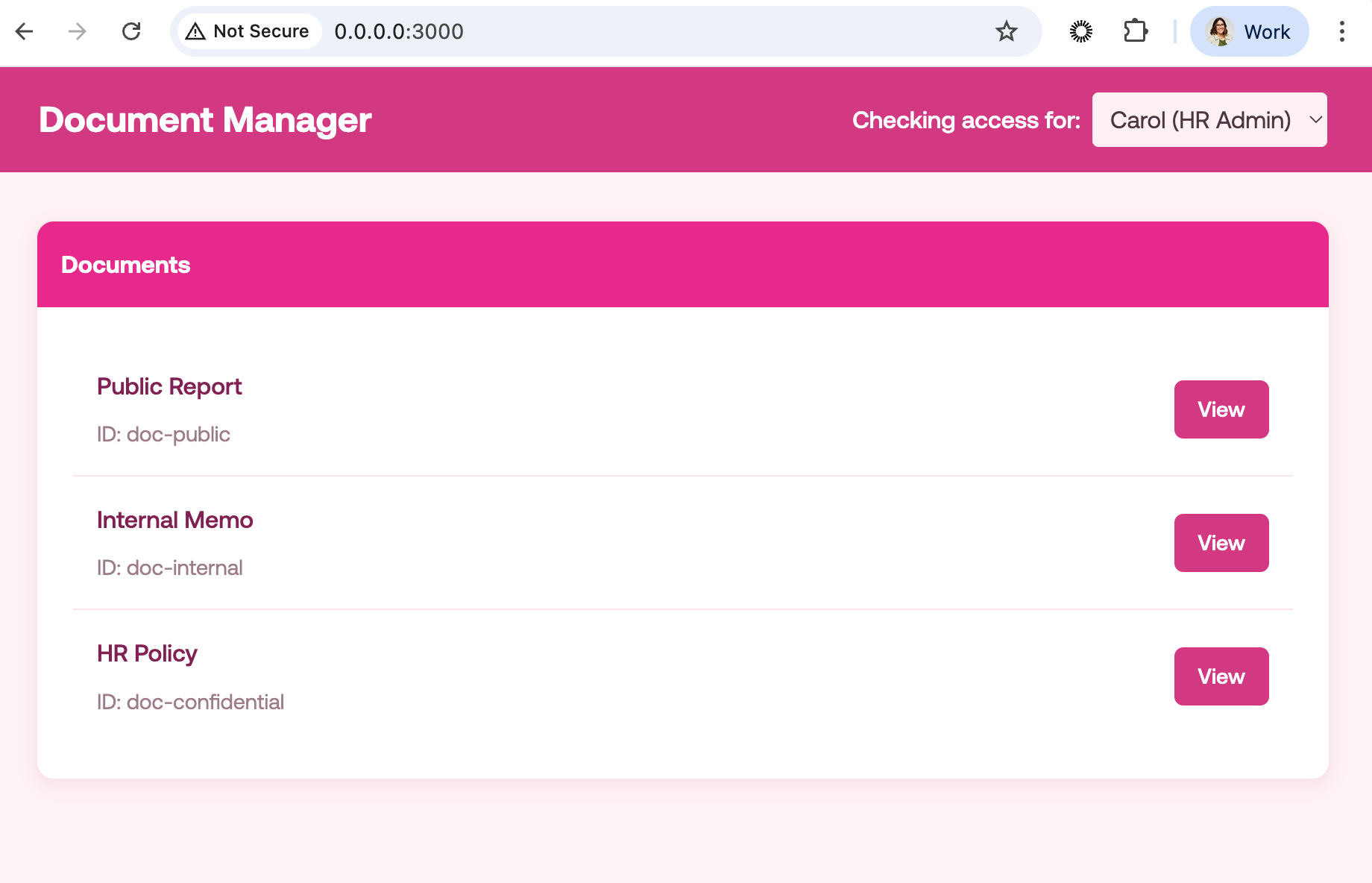 Document Manager web application using HTML where you can filter by users and you’ll see the different documents they have access to