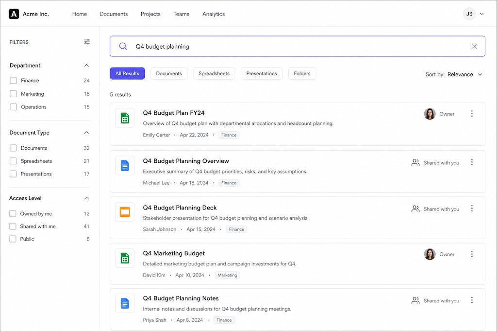 Enterprise search with permission-filtered results