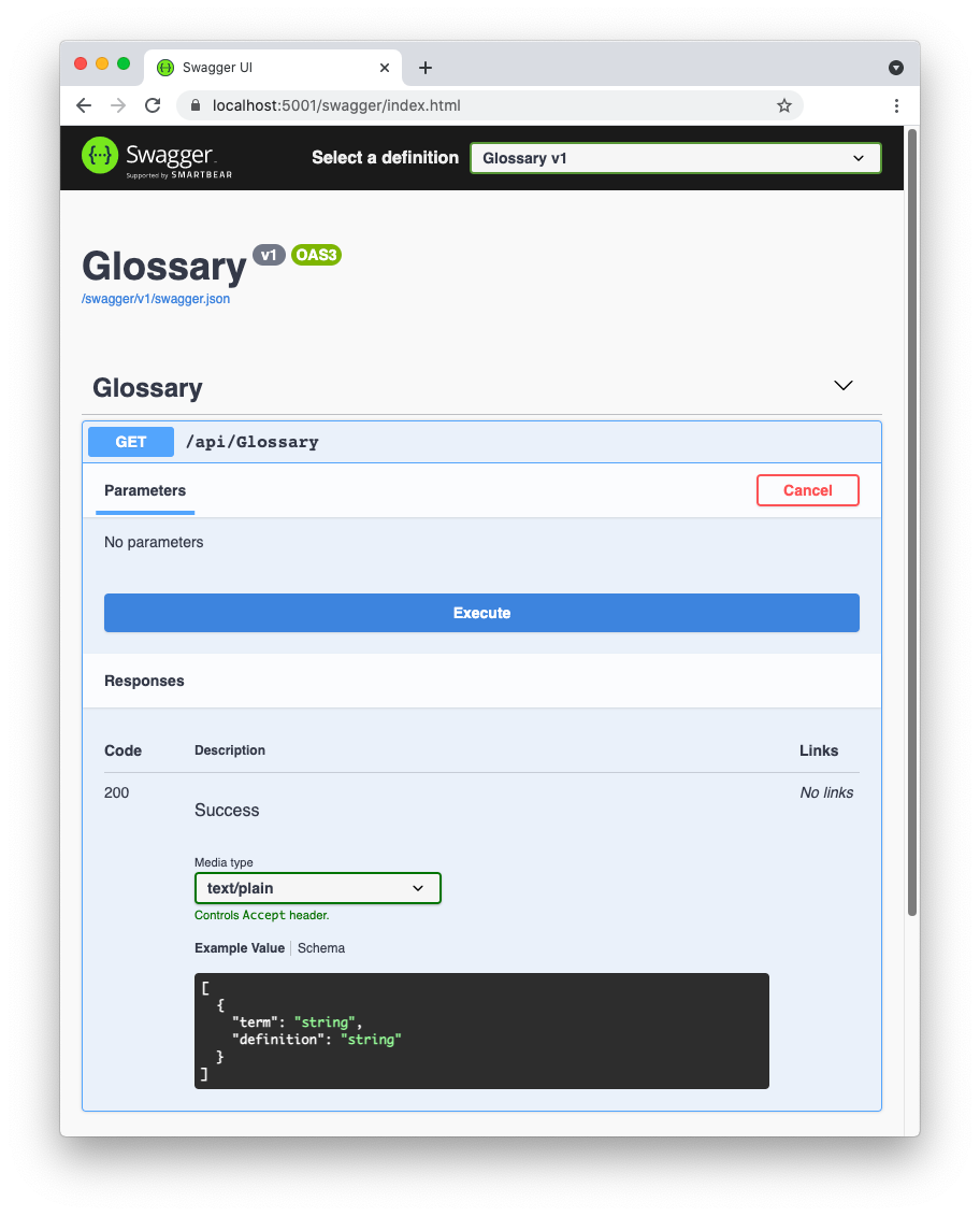 Testing glossary list endpoint with Swagger UI