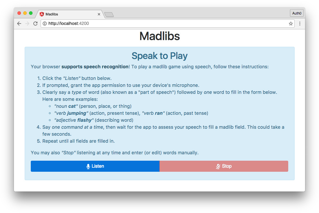 RxJS Angular app Madlibs listen component